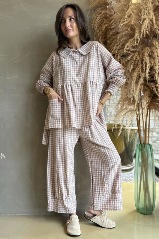 Annie Gingham Peter Pan Smock Blouse Antique Rose